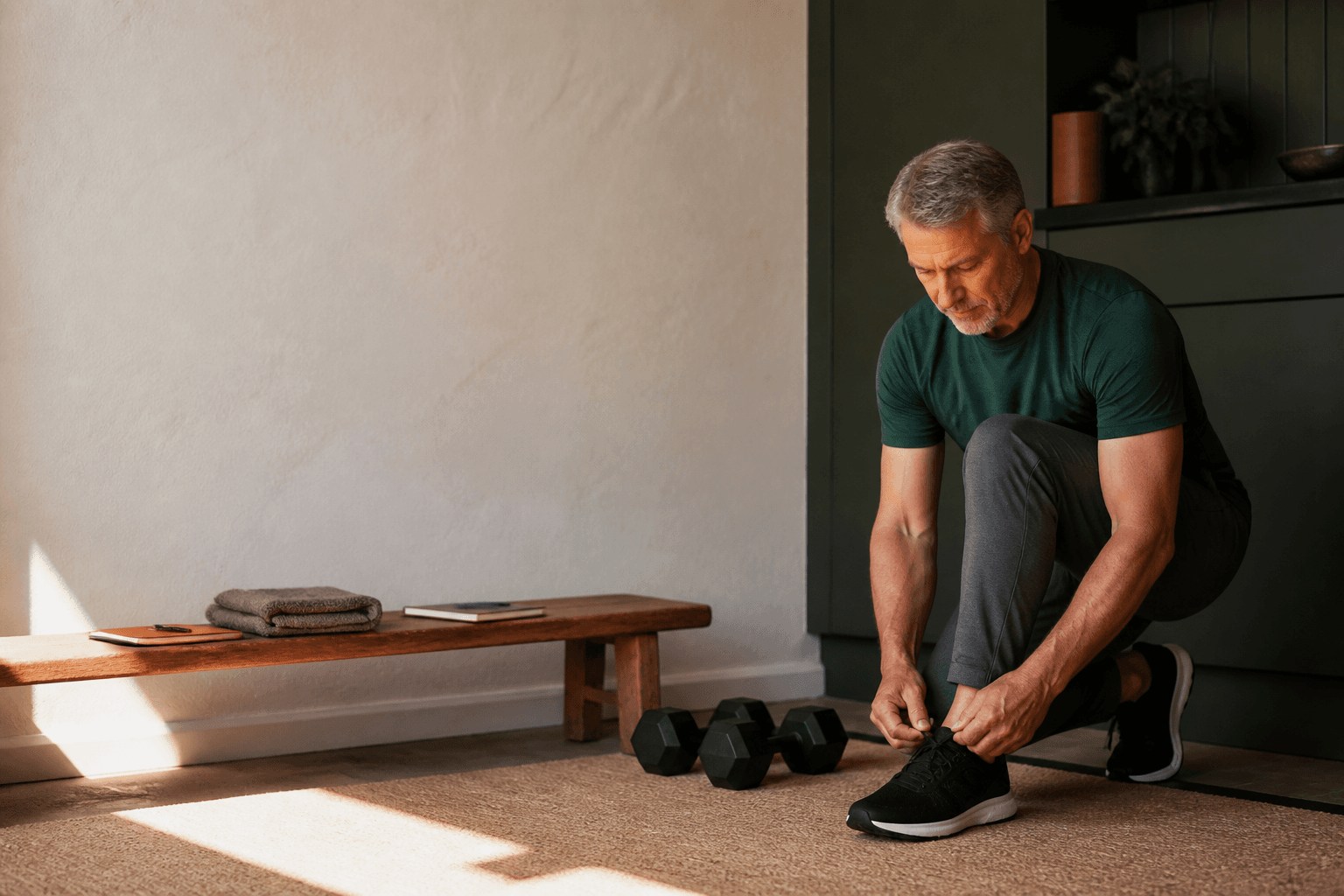 A man in his late fifties calmly preparing for a home strength session